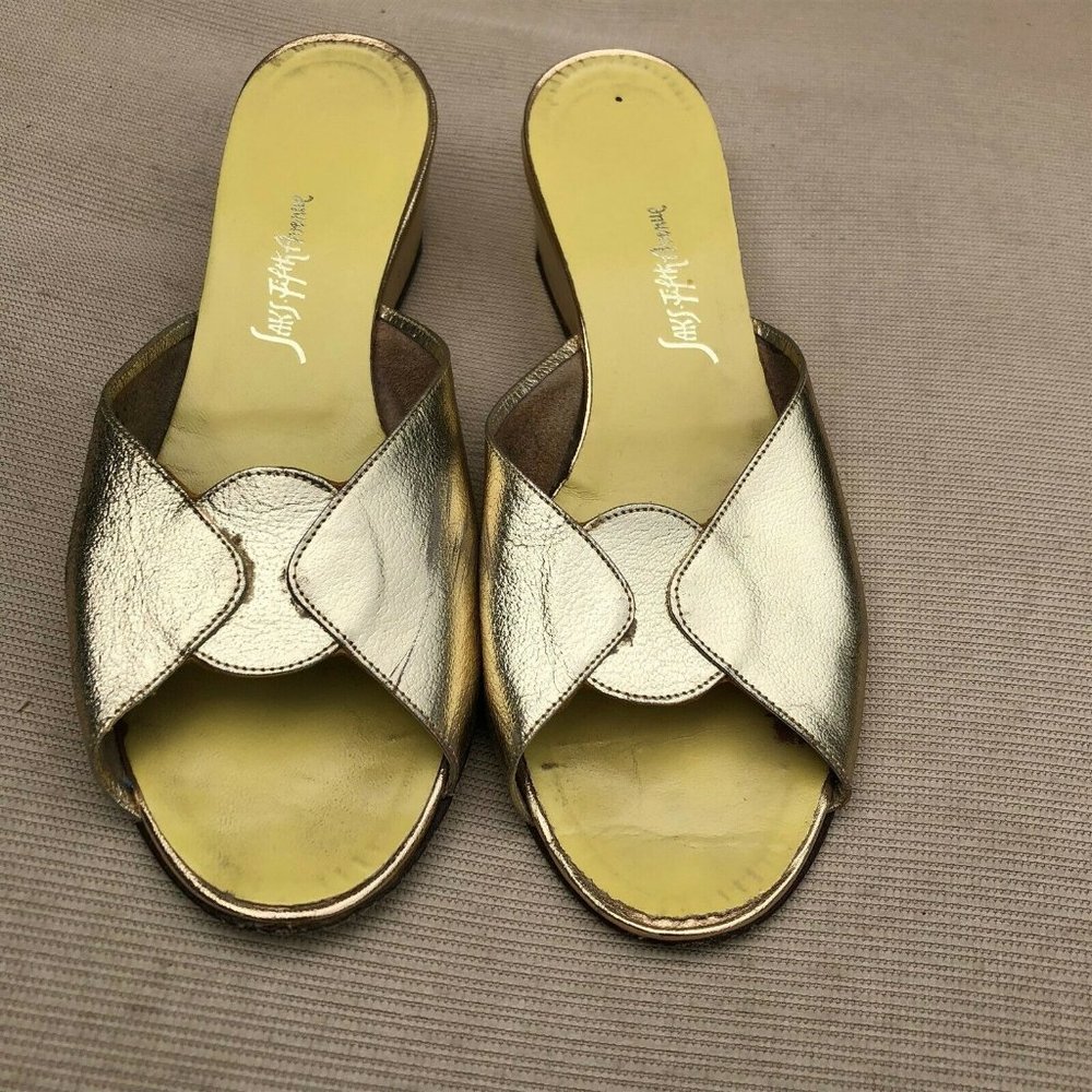 Vintage Saks Fifth Ave Wedge Slippers Gold Mod Dec
